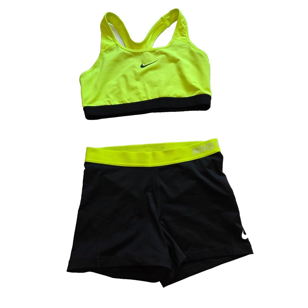 Nike Dri Fit Neon Yellow Sports Bra & Running Gym Shorts Set Black Swoosh Logo L